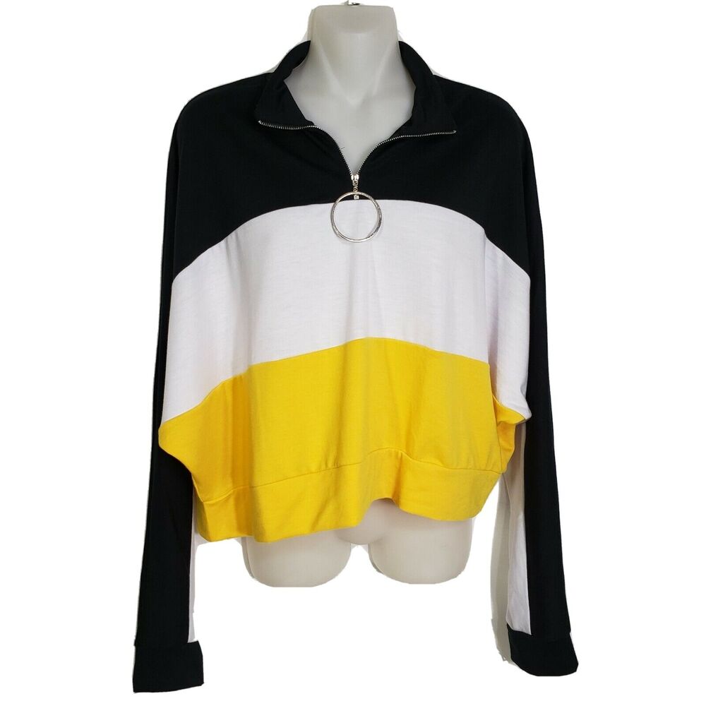 Ivoire Women's Sweatshirt Large Cropped Long Sleeve Color Block Pullover 1/4 Zip